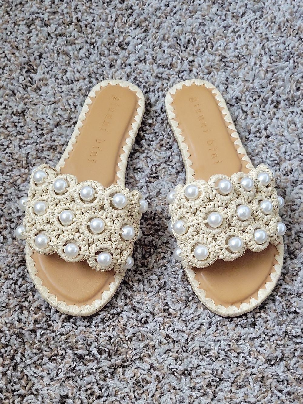 Gianni Bini Cream Crochet Pearl Slide Sandals - Women